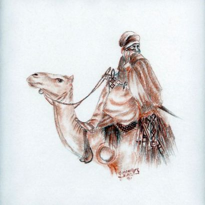 null Deux dessins:
a) "Touareg sur son chameau", Ecole Française.
Sanguine, signée...