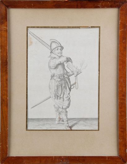 null "Arquebusier du XVIe siècle"
Gravure du XVIIIe. Planche provenant de l'ouvrage...