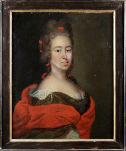 ÉCOLE HOLLANDAISE, vers 1730 PORTRAIT DE FEMME, ÉCHARPE ROUGE
Toile.
(Rentoilage).
73...
