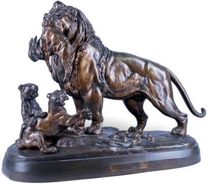 Édouard DELABRIERRE - 1829-1912 
LION PREMIER GIBIER
Groupe en bronze à patine mordorée...