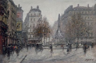 Joaquim MIRO - 1849-1914 
PARIS, PLACE ANIMÉE
Huile sur carton signée en bas à droite.
16...