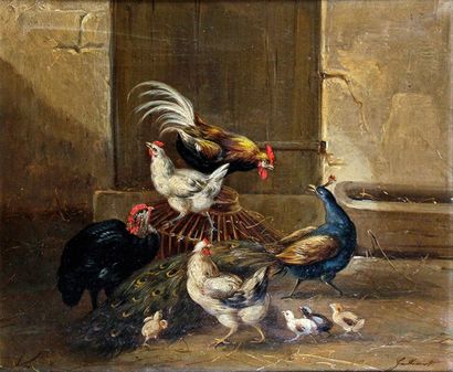 Claude GUILLEMINET - 1821-ca 1866 PAON, DINDON ET POULES
Huile sur toile signée en...