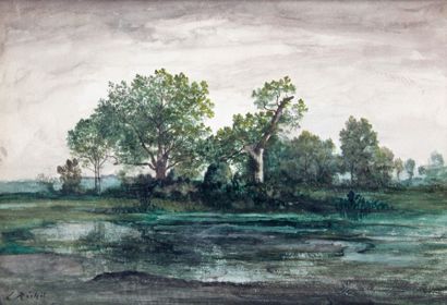 Léon RICHET - 1847-1907 PAYSAGE
Aquarelle signée en bas à gauche.
23,5 x 39