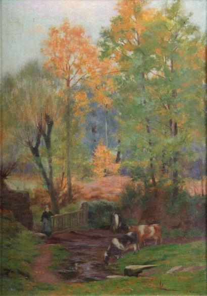 Julien THIBAUDEAU - né en 1859 VACHES S'ABREUVANT À PONT-AVEN, 1902
Huile sur toile...