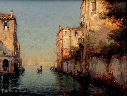 Georges Noël BOUVARD - 1912-1972 
GONDOLE ENTRANT DANS UN CANAL À VENISE
Huile sur...