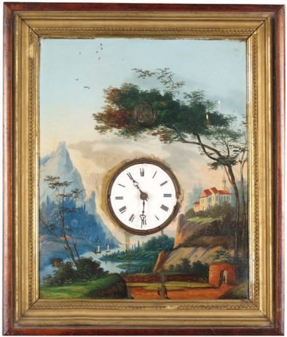 AUTRICHE. HORLOGE-TABLEAU à sonnerie d'époque Biedermeier à décor à l'huile, de paysage,...