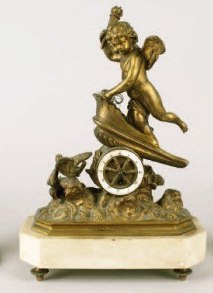 null PENDULE en bronze doré d'époque Napoléon III figurant Cupidon sur son char.