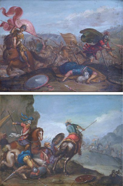ÉCOLE FLAMANDE, fin du XVIIe siècle, début du XVIIIe siècle Scènes de combat Paire...