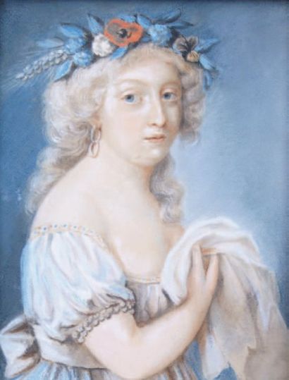 ÉCOLE FRANÇAISE de la fin du XVIIIe siècle Jeune femme en Cérès Pastel. 22,5 x 17...