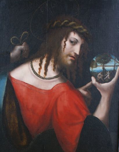 ÉCOLE FLAMANDE du XVIIe siècle Le Christ aux outrages tenant un globe illustrant...
