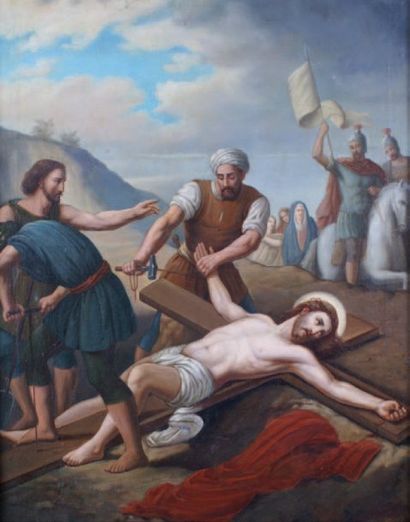 ÉCOLE FRANÇAISE du XIXe siècle La mise en croix Huile sur toile. 65 x 49,5
