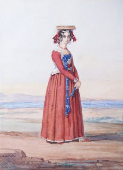 Lucien-Léopold LOBIN (1835-1892) Jeune fille devant la mer Aquarelle signée en bas...