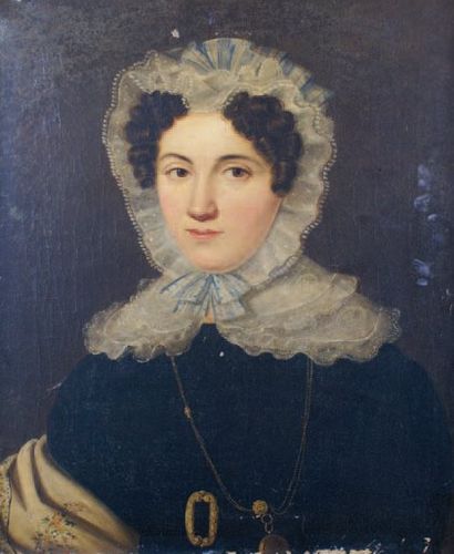 ÉCOLE FRANÇAISE, vers 1820 Portrait de femme portant une coiffe Huile sur toile....