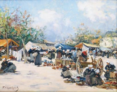 Fernand LEGOUT-GÉRARD - 1856-1924 BRETAGNE, LE MARCHÉ AUX POTERIES Huile sur panneau,...