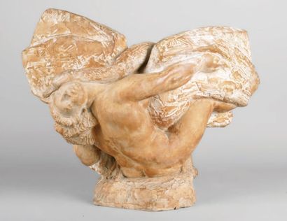 Claude BOUSCAU, né en 1909 LÉDA ET LE CYGNE, 1938 Groupe en terre cuite patinée,...