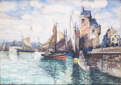 FRANK-WILL - 1900-1951 HONFLEUR, LE VIEUX BASSIN, 1925 Aquarelle signée, située et...