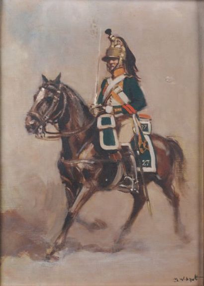 Marcel WIBAULT (1904-1998) Dragon du 27e régiment, à cheval Huile sur toile signée...