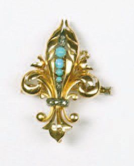 null BROCHE FLEUR DE LYS en or jaune sertie de quatre turquoises cabochon en chute...