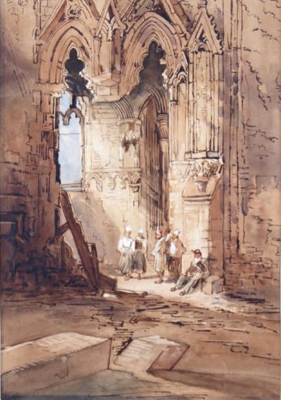 Alberto PASINI - 1826-1899 RÉUNION DANS L'ÉGLISE EN RUINE Lavis de sépia, aquarelle...