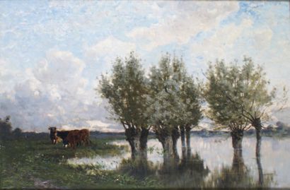 Eugène CICERI - 1813-1890 VACHES EN BORD DE RIVIÈRE, 1875 Huile sur panneau, signée...