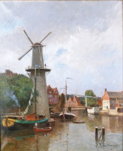 Gustave Édouard LE SÉNÉCHAL DE KERDRAEORET 1840-1920 MOULIN EN HOLLANDE Huile sur...