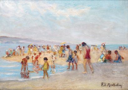 François de MONTHOLON (1856-1940) PLAGE ANIMÉE EN MÉDITERRANÉE, vers 1922 Huile sur...