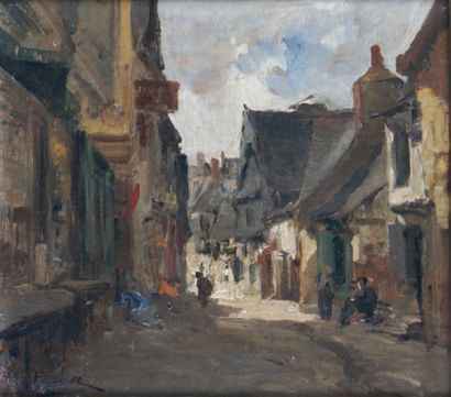 Léon Germain PELOUSE - 1838-1891 RUE ANIMÉE À VITRÉ Huile sur panneau. 14 x 15.