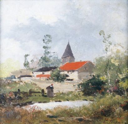 Eugène GALIEN-LALOUE - 1854-1941 PAYSANNE A L'ENTRÉE DU VILLAGE Huile sur panneau,...