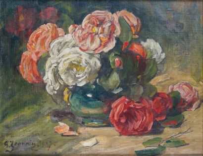 Georges JEANNIN - 1841-1925 VASE DE ROSES, 1917 Huile sur carton toilé. 30 x 39