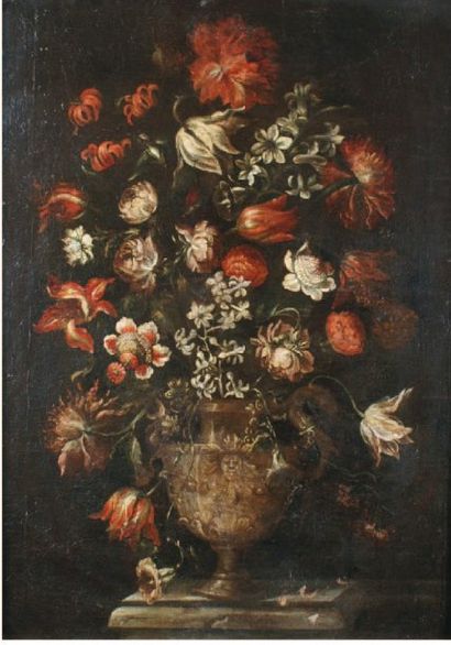 ÉCOLE ITALIENNE, fin du XVIIe siècle Vase de fleurs sur un entablement Huile sur...