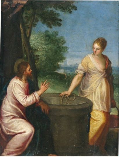ÉCOLE ITALIENNE Le Christ et la Samaritaine Huile sur cuivre. 21,5 x 16,5