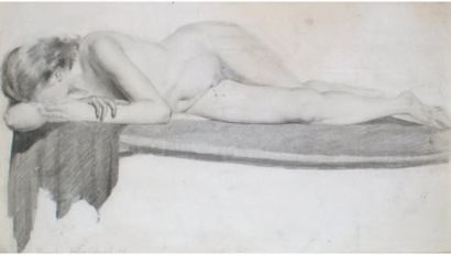 Alexandre CABANEL (1823-1889) atelier de. Nu allongé, 1871 Dessin au fusain daté...