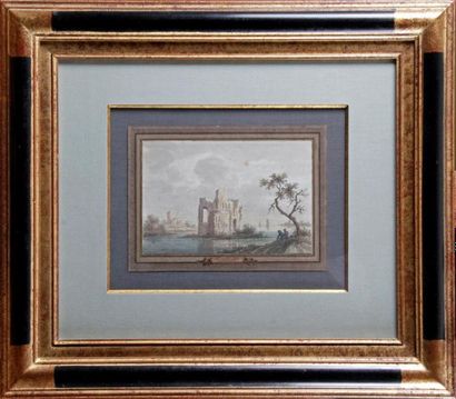 Nicolas WICART (1748-1815) 
PÊCHEURS PRÈS D'UNE RUINE Aquarelle et encre de Chine....