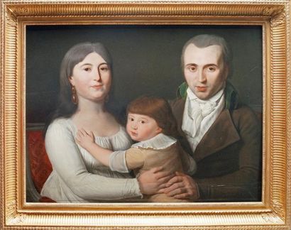 École FRANÇAISE vers 1790 
PORTRAIT D'UN COUPLE AVEC SON ENFANT
Huile sur panneau.
54...