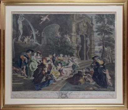 Louis SIMON (1728-1807) d'après Pierre-Paul RUBENS 
LE JARDIN D'AMOUR Burin aquarellé...