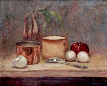 René Louis Chrétien (1867-1945) NATURE MORTE À LA POMME ET À LA CUILLER
Huile sur...