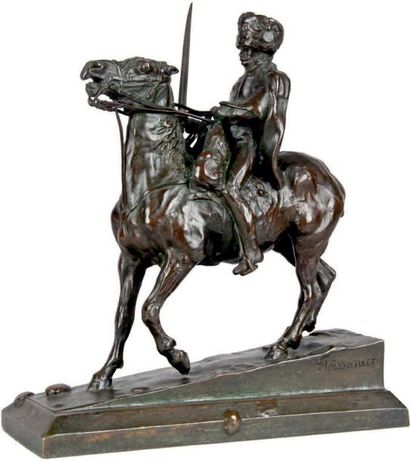 Ernest MEISSONNIER (1815-1891) HUSSARD À CHEVAL
Groupe en bronze à patine brun rouge...