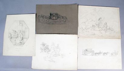 Félix BENOIST (1818-1896) 
Cinq dessins à la mine de plomb figurant une scène de...