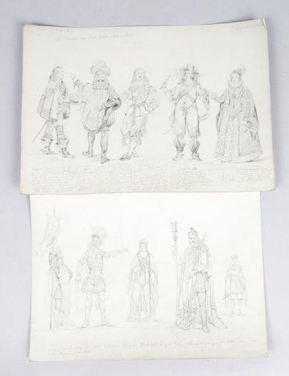 Félix BENOIST (1818-1896) 
Cinq projets d'illustration pour l'ouvrage costumes français.
22...