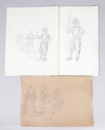 Félix BENOIST (1818-1896) 
Cinq projets d'illustration pour l'ouvrage costumes français.
22...