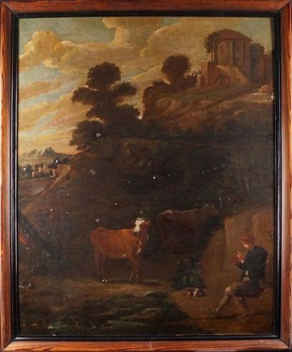 ÉCOLE FLAMANDE VERS 1700 Suiveur de David Teniers PÂTRE JOUANT DE LA FLÛTE DANS UN...