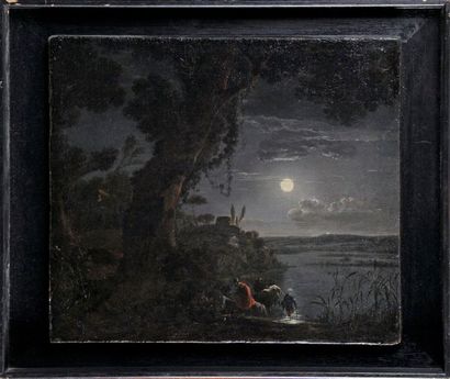 Attribué à Jean-François HUE (1751-1823) PAYSAGE DE CLAIR DE LUNE AVEC BERGERS ET...