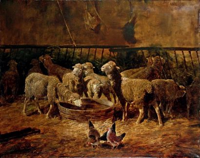 Charles CLAIR - 1860-1930 MOUTONS S'ABREUVANT DANS L'ÉTABLE
Huile sur toile signée...