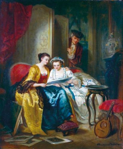 Auguste BACKMANN - 1827-1890 LE CHOIX DES AQUARELLES, 1856 Huile sur toile, signée...