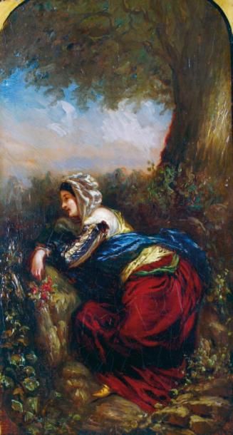 Camille ROQUEPLAN - 1803-1855 FEMME ALANGUIE ET PENSIVE AU PIED DE L'ARBRE Huile...