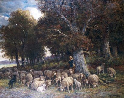 James DESVARREUX-LARPENTEUR - 1847-1937 BERGÈRE ET SES MOUTONS Huile sur toile, signée...