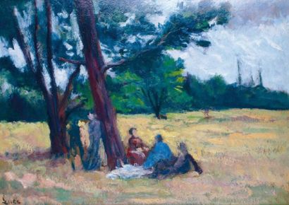 Maximilien LUCE - 1858-1941 LE DÉJEUNER SOUS LES ARBRES Huile sur panneau, signée...