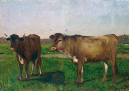 Léonce CHABRY - 1832-1883 VACHES AU PRÉ Huile sur toile, signée en bas à droite....