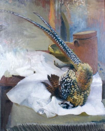 Albert BESNARD - 1849-1934 NATURE MORTE AU FAISAN Huile sur toile. 100 x 81