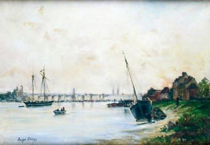 Ernest Ange DUEZ - 1843-1896 VUE DU PORT DE ROUEN Huile sur toile, signée en bas...